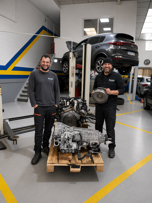 Interior del taller Bessler Garage en Villaverde con mecánicos trabajando en un motor y transmisión